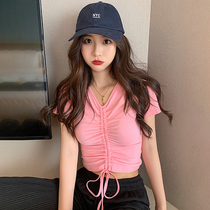Summer Korean edition 2021 new drawstring slim open umbilical short section heart design sense short open umbilical top women v-neck