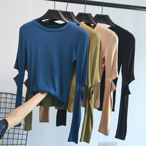 Knitwear autumn new womens 2021 off-the-shoulder long-sleeved top slim-fit base shirt pullover hole sweater heart trend