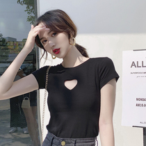 Round neck hollow out short-sleeved t-shirt womens Korean slim-fit top black ins tide 2020 new base shirt western style inside match