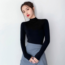 Black velvet thickened base shirt womens autumn and winter half-high collar long-sleeved t-shirt tight top 2021 new