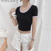 Round neck short sleeve umbilical t-shirt womens summer tight leak navel base shirt short high waist black and white stitching contrast top