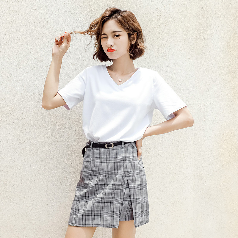 White V collar short sleeve T-shirt woman loose summer dress 2022 new pure color blouse half sleeve inner lap student Korean version tide