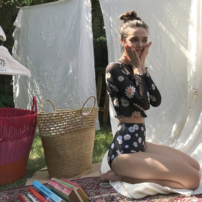 Vido New Broken Flowers High Waist Sexy Swimsuit Woman Long Sleeve Two-piece Three Sets Bikini Display Slim Spa Swimsuit