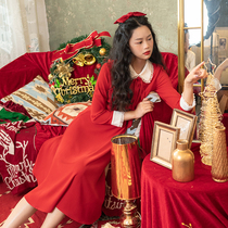 21 Autumn New French temperament Christmas retro red skirt waist thin New year Engagement Doll collar a dress