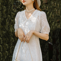 21 New Summer Super fairy retro temperament embroidered jacquard skirt waist thin literary ins Wind dress light wedding dress