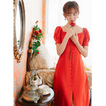  2021 summer French square collar retro satin light wedding dress can usually be worn toasting service back door engagement dress