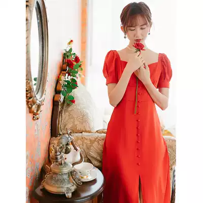 2021 summer French square collar retro satin light wedding dress usually wear toast back engagement dress