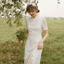 21 Xia Xin sweet floral modified cheongsam gentle Mori retro bow lace girl dress