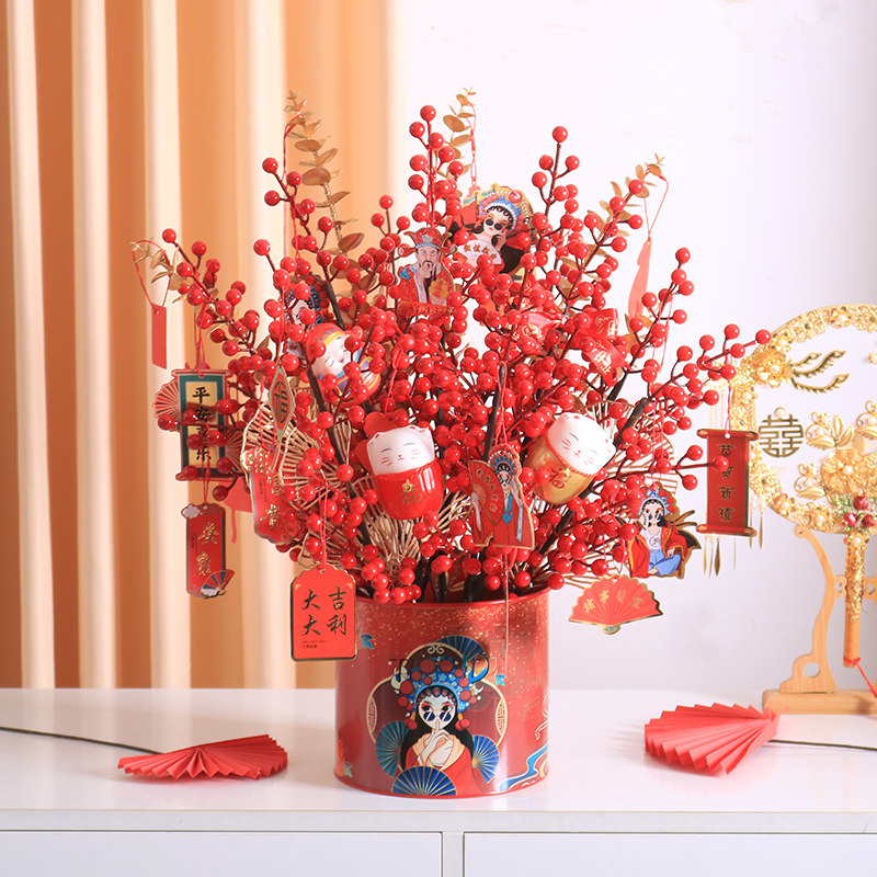 Hug bucket Foot bucket emulated winter green red fruits Fucked fruit flower arrangement Joe relocating gift wedding fake flower pendulum piece living-room decoration