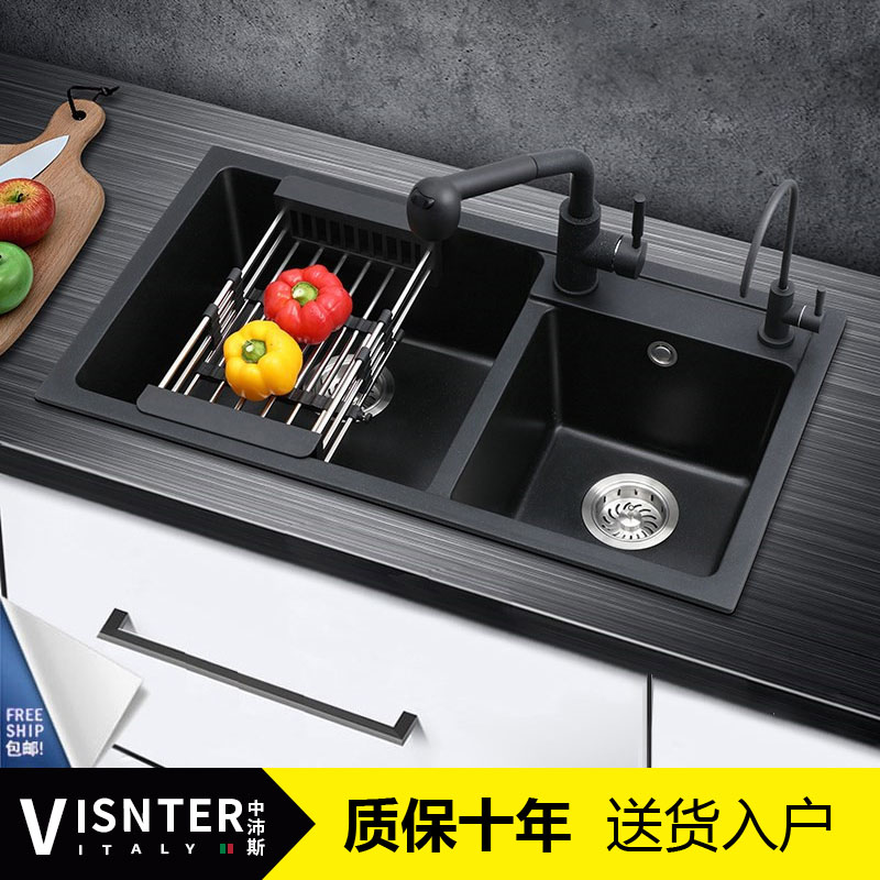 Quartz Stone Domestic Sink Double Sink Kitchen Black wash basin dishwashing basin Dishwashing Tank underfloor Basin Granite