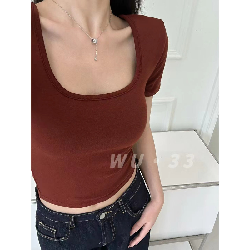 Sexy U-Neck Padded Short-Sleeve T-Shirt for Women, Summer New Style, Super Flattering Shoulder Pad Top