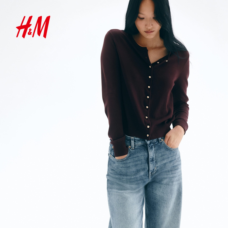 Hm Women's Wool Knit Sweater Warm Cardigan Jacket Burgundy Base Shirt 1237776