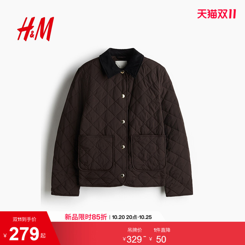 Hm Women's Quilted Cotton Coat with Diamond Pattern, Single-Breasted Corduroy Collar, Quilted Jacket Top 1282393 Hm Women's Quilted Cotton Coat with Diamond Pattern, Single-Breasted Corduroy Collar, Quilted Jacket Top 1282393