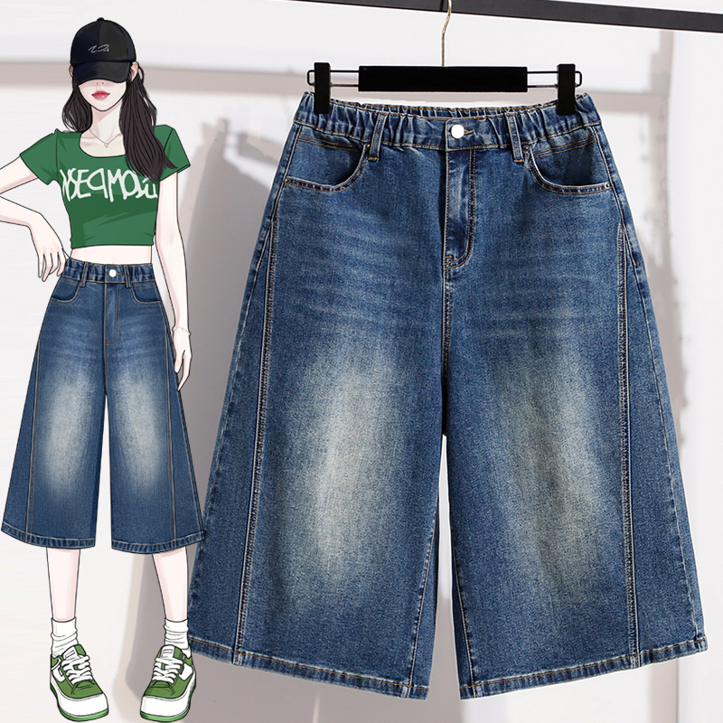 Plus-Size Street Style Wide-Leg Stretch Denim Pants for Women, Summer Casual Mid-Length Pants for Chubby Women, Hip-Covering, Slimming, Straight-Leg Cropped Pants Plus-Size Street Style Wide-Leg Stretch Denim Pants for Women, Summer Casual Mid-Length Pants for Chubby Women, Hip-Covering, Slimming, Straight-Leg Cropped Pants