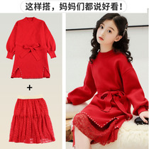 Girls sweater dress in long autumn and winter ocean in large boy winter dress thickened childrens red knitted dress