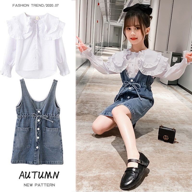 Girls Set Skirt Spring Dress 2021 New Net Red Kids Denim Strap Skirt Yangqi Baby Spring and Autumn Two-Piece Set Tide