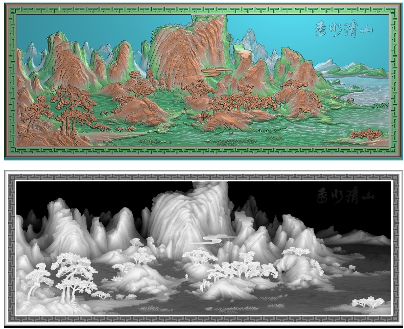 Exquisitely Carved Landscape and Pine Tree Plaque, Horizontal Hanging Screen, Grayscale Image with Intricate Patterns, Border Carving Image, Beautiful Mountains and Clear Waters
