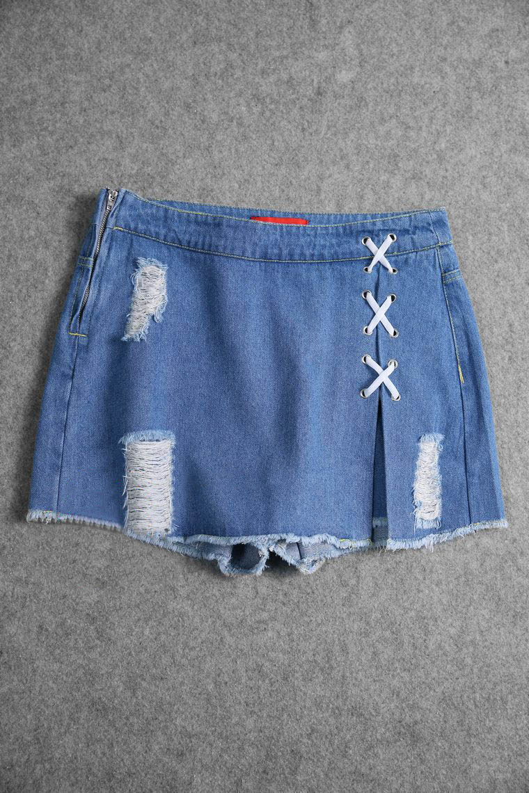 C52A original DAN youthful playful fashion straps do old side slit denim culottes shorts
