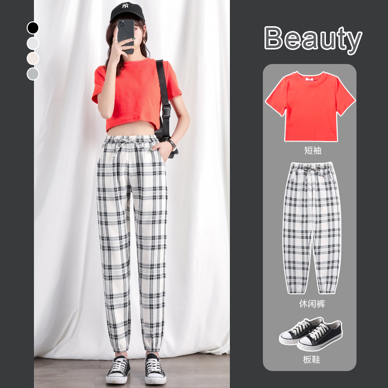 Black and white Plaid Pants Woman Spring Summer Slim cotton linen Loose Beam Footed Pants 2021 New Casual Pants