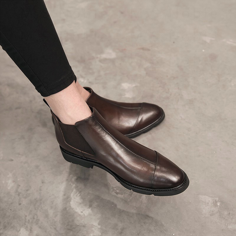 Inglén High Cylinder Leather Shoes Men Genuine Leather Short Boots Spring Retro Martin Boots Man Tide 100 Hitch Midi Leather Boots Chelsea Boots