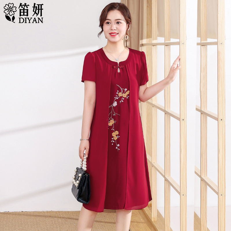 Middle-Aged and Elderly Mothers' Summer Chiffon Dress, Elegant and Noble, Suitable for 50-Year-Old Mothers-In-Law, Wedding Banquet Attire, Cheongsam Dress