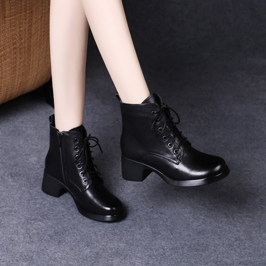 娇奇莎马丁靴女春秋英伦风单靴系带短靴女真皮女鞋秋冬中跟皮鞋