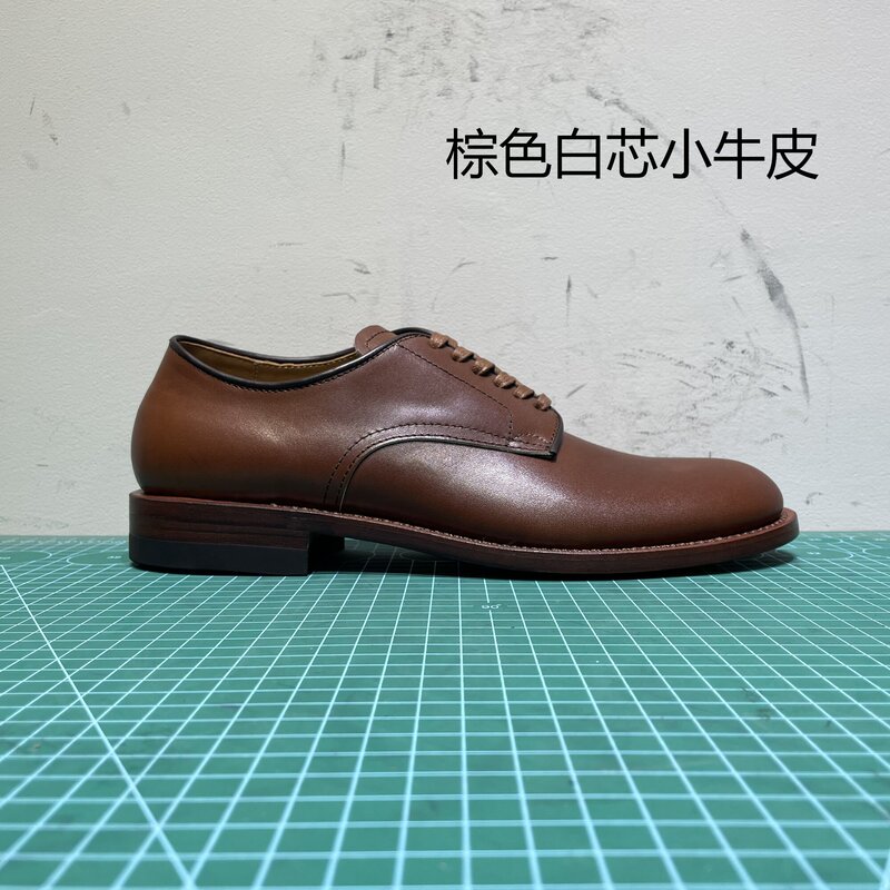Ad379 Men's Brown White-Cored Calfskin Black Horsehide Genuine Leather Welted Machine-Stitched Goodyear Derby Shoes