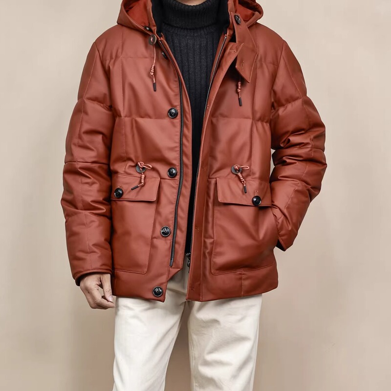 Polar Adventure Warm Genuine Leather Fine Lambskin Goose down Jacket Men's Mid-Length Hooded Parka Coat