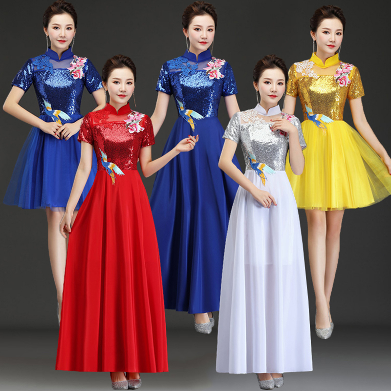 Large Choir Performance Dress for Women, Long Modern Dress, Elegant Style, Red Song Competition Dress, Chinese Style for Adults Large Choir Performance Dress for Women, Long Modern Dress, Elegant Style, Red Song Competition Dress, Chinese Style for Adults