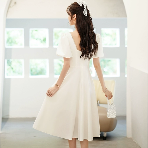 Белое осеннее вечернее платье, элитная юбка, французский стиль, квадратный вырез