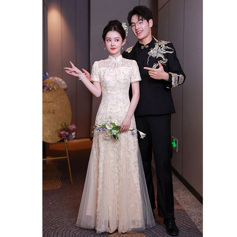 Шампанское cheongsam toast dress bride 2026 новое высококачественное китайское свадебное платье для помолвки, кружевное, красивое и тонкое