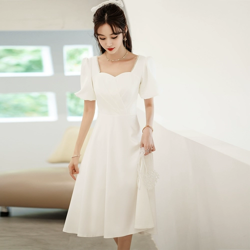 Белое осеннее вечернее платье, элитная юбка, французский стиль, квадратный вырез