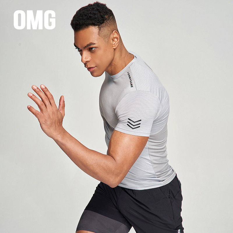 OMG tide brand nylon high elastic fitness clothes men's training short-sleeved ice silk quick-drying tight sports T-shirt summer