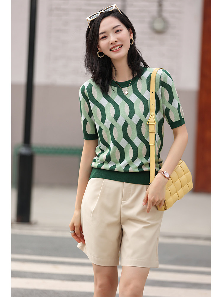 Tianjian knitted shirt striped retro tissue brief sleeve 2022 new thin coat round collar loose