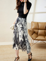 Virtue design dress female summer high waist ink printed snow spinning skirt long A-character retro