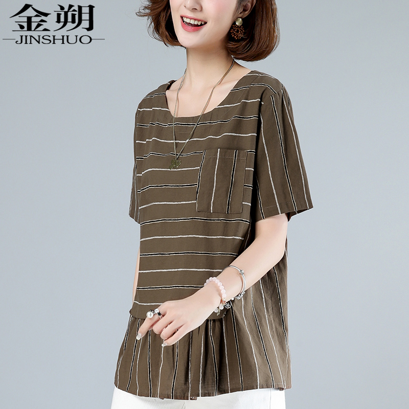 mùa hè ngắn tay lỏng lẻo sọc t-shirt của phụ nữ blouse 2020 mới vòng cổ thời trang mẹ giản dị áo thun nửa tay áo