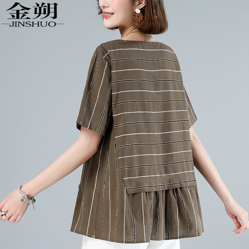 mùa hè ngắn tay lỏng lẻo sọc t-shirt của phụ nữ blouse 2020 mới vòng cổ thời trang mẹ giản dị áo thun nửa tay áo