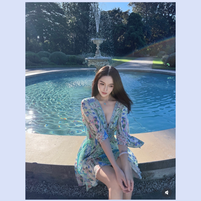 Australian Niche Resort Style Blue Printed Fairy Diamond-Embellished Women's Silk Mini Dress