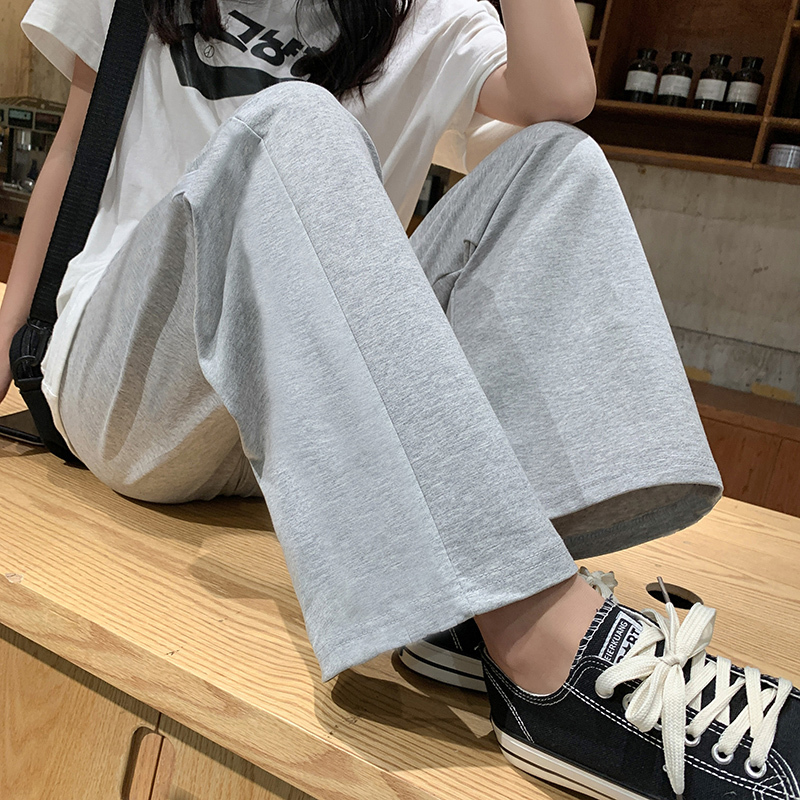 Gray Wide-Leg Pants for Women, High-Waisted, Drapey, Thin Spring and Autumn Style, Loose Straight-Leg Sweatpants, Slimming, Petite, Casual Sports Pants
