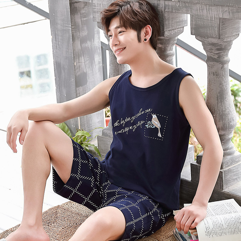 Sleepwear Male Summer Vest Shorts Pure Cotton Sleeveless Thin Young All-cotton Men's Home Conserved Students Big Size Suit