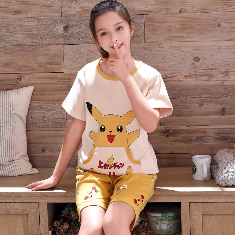 Girl Sleepwear Summer Pure Cotton Short Sleeve Thin little girl CUHK Scout children All cotton Children Junior High School Students Home Suits Suit