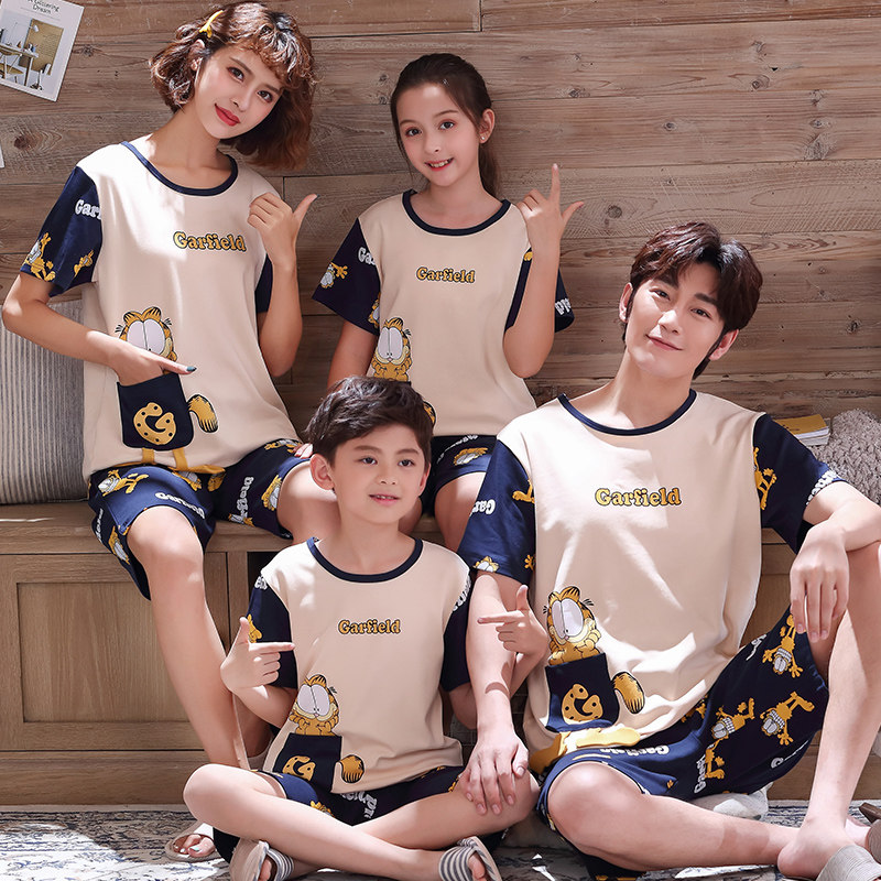 Summer short sleeve pro-children Sleeping Clothes Mother Girl Pure Cotton Children Cute Whole Cotton Family of three quad-mouth home Suits Suit