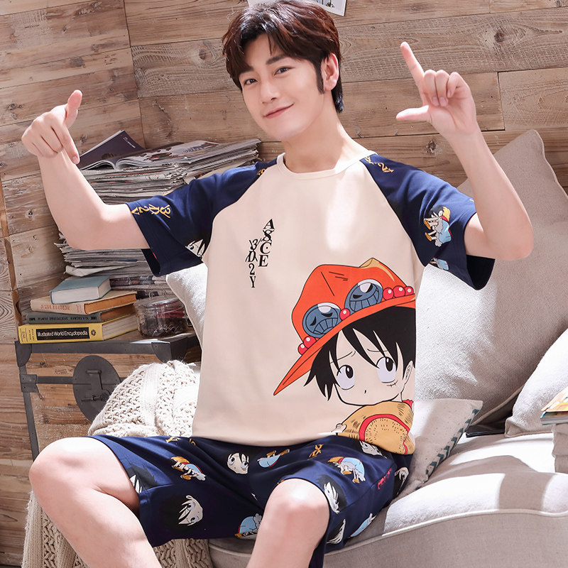 Teen pajamas men summer thin 100 % cotton short sleeve cartoon students home clothes for children