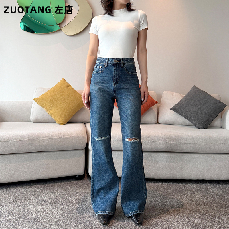 Left Tang High-Waisted Knee-Ripped Flared Jeans for Women, Spring/Summer Hong Kong Style Retro Non-Stretch Ripped Flared Long Pants