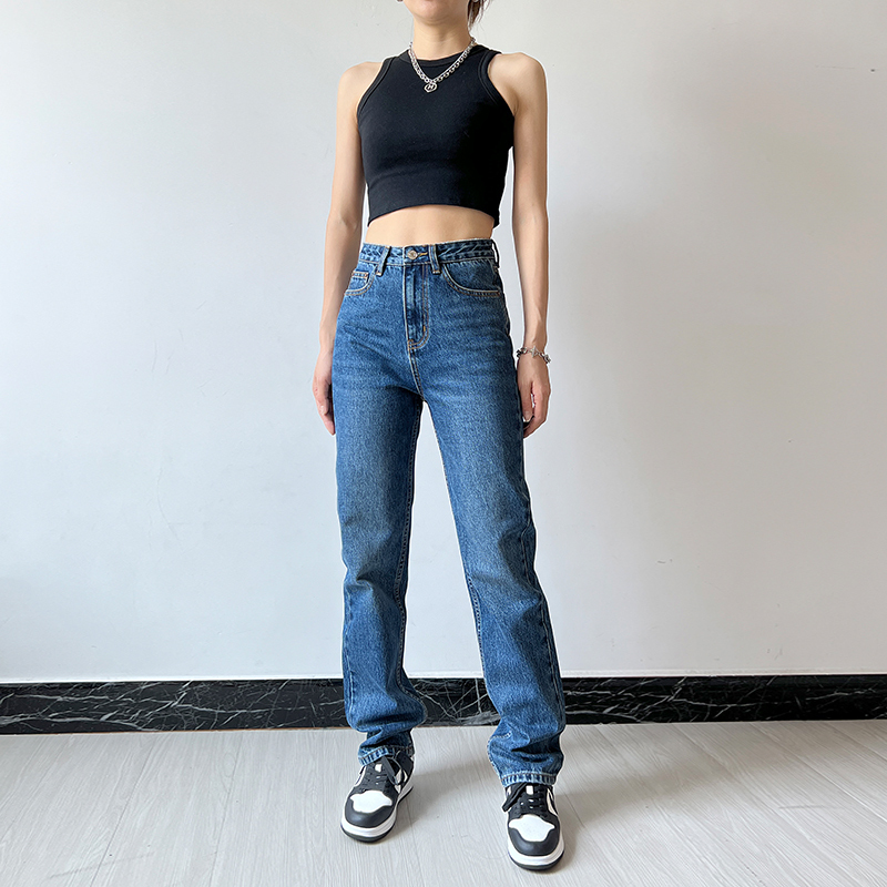 High-Waisted Non-Stretch Straight-Leg Jeans for Women, Autumn Loose Fit, Slimming, Vintage American Style, Dark Blue Cigarette Pants, Floor-Length