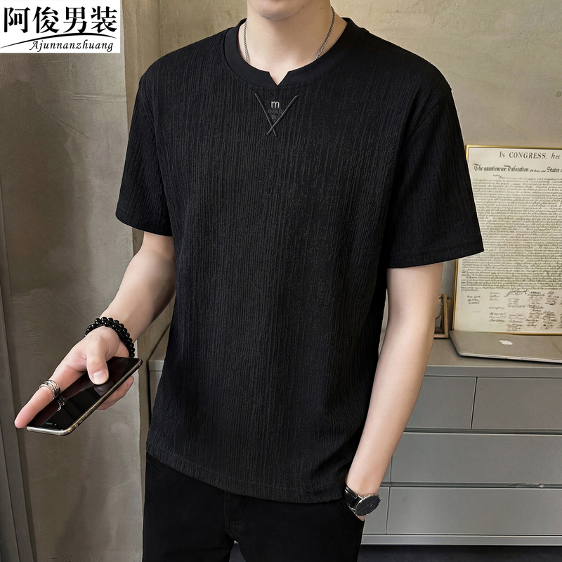 Men's Short-Sleeve T-Shirt, Black, Popular Brand Men's Clothing, Summer Textured Half-Sleeve Men's V-Neck Cool Base Shirt