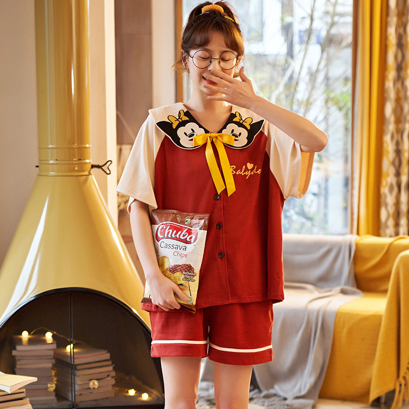 Pajama cô gái mùa hè bông Hàn Quốc phiên bản có thể mặc cardigan cute girl lỏng bông quần áo nhà sinh viên ngắn tay mỏng.