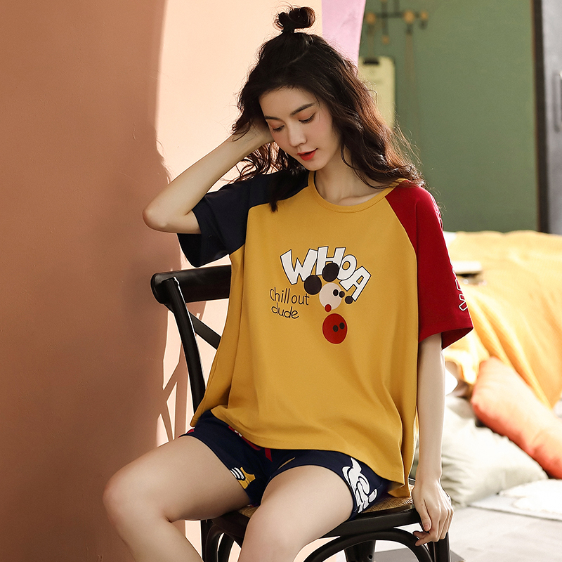 Mùa hè đồ ngủ womens bông mỏng bộ hai mảnh của Hàn Quốc phiên bản ngọt ngào dễ thương có thể mặc bên ngoài tính khí của quần áo nhà sinh viên thời trang.