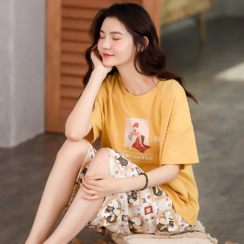 Bộ đồ ngủ womens bông ins mùa hè thời trang tay áo ngắn hai mảnh bộ lỏng lẻo bảy điểm kích thước lớn cô gái quần áo quần về nhà.