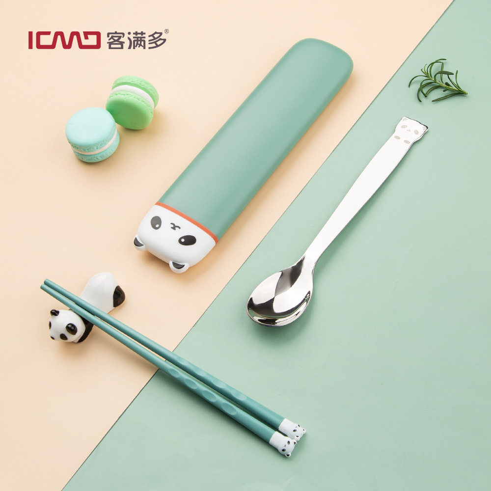 Cute Panda Stainless Steel Chopsticks Spoon Suit single fit portable cutlery box Two sets of student containing box